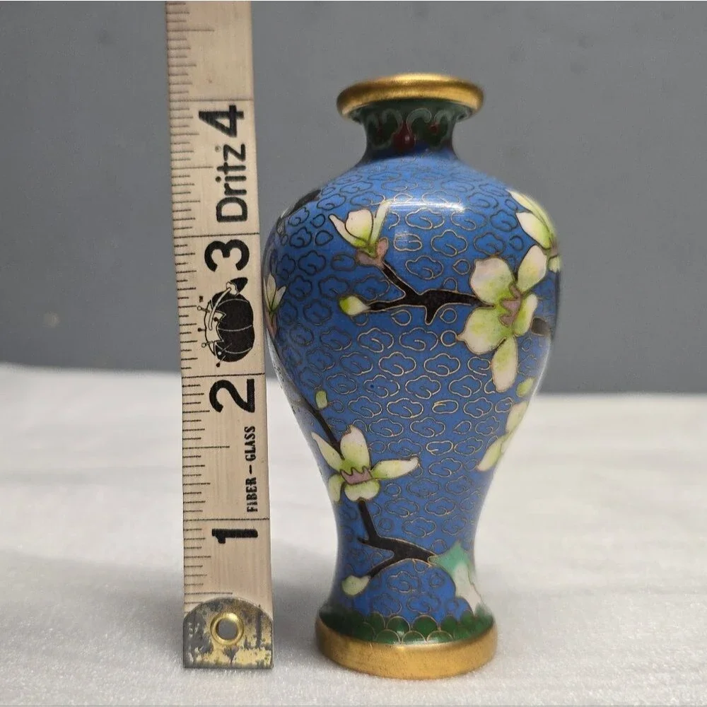 Cloisonne Cherry Blossom Flowers With Bird Blue Vintage Chinese Mini Vase